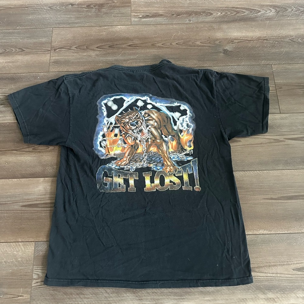 Vintage Y2K “GET LOST” Biker Pitbull Chain Flame T Shirt